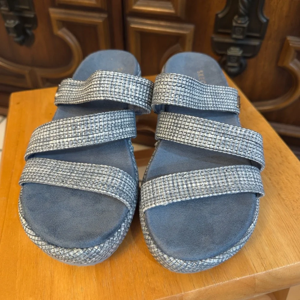 Skechers Martha Stewart Arch Fit Blue Silver Woven Platform Wedge Sandals 119514